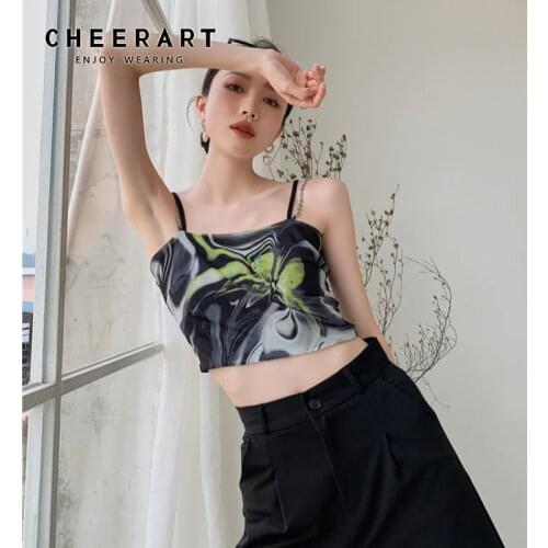 CHEERART Butterfly Crop Top Women 2021 Black Green Summer Tanks Camis Chain Spaghetti Strap Cami Top Fashion Aesthetic Clothes