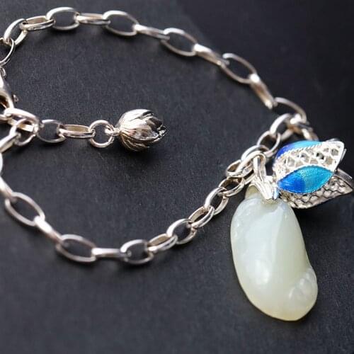 Vintage Thai Silver Wholesale Handmade Silver Retro Bracelet Set Natural Hetian Jade S925 Sterling Silver Women Bracelet