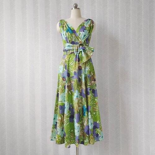 Summer 2021 Fashion floral print V-neck Belt dress Womens High quality 50% Silk vintage sleeveless dress C059