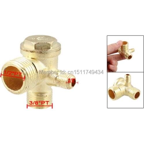 2/5" 3/8"PT 1/2"PT Male Thread 3 Way Metal Air Compressor Check Valve Gold Tone 5pcs