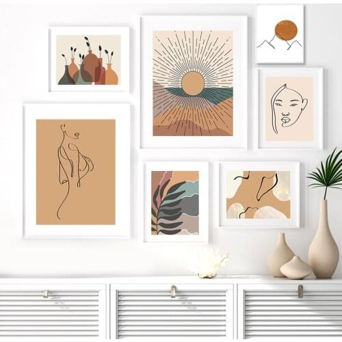 Abstract Line Girl Sun Mountain Lake Leaf Wall Art Canvas Painting Nordic Posters And Prints Wall Pictures For Living Room Decor