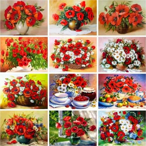 Huacan Diamond Painting Full Red Flower Mosaic Poppy Flower Embroidery Floral Vase Cross Stitch Kit Home Decor