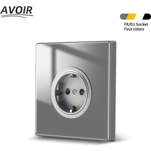 Avoir EU FR Wall Socket Black White Gray Crystal Glass Panel Electrical Sockets Standard Power Plugs Outlets AC220V 86mm*86mm