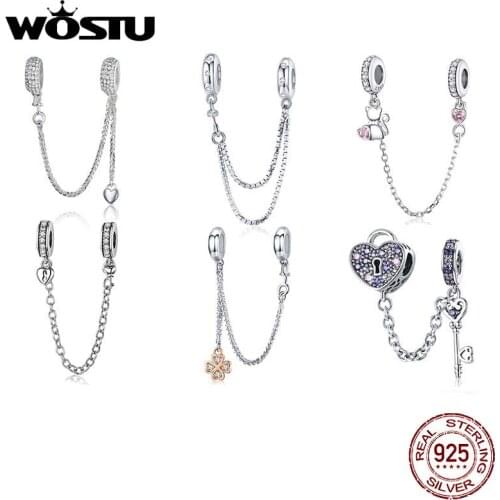 Hot Sale 100% 925 Sterling Silver The Key to Heart Silicon Safety Chain Charm Fit Wostu Original Beads Bracelet Jewelry