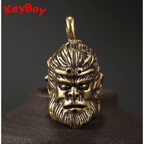 Pure Brass Monkey King Sun Wukong Keychains Pendants Chinese Buddha of Fighting Vintage Men Women Car Key Chain Rings Hangings