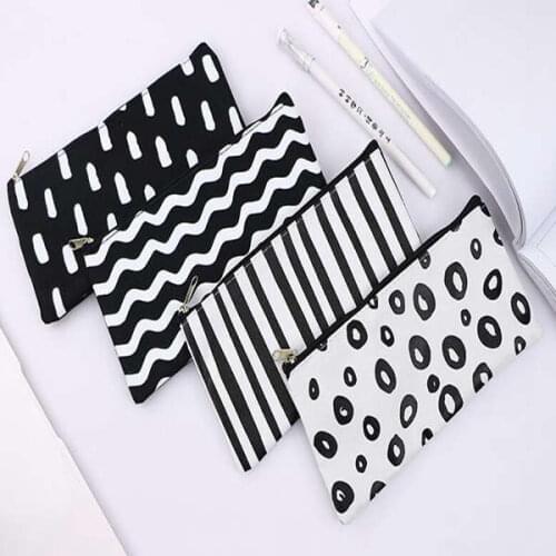 Black Striped Pencil Bag Pocket Cosmetic Pencils Pens Holder Storage Case Bags Office School Supplier