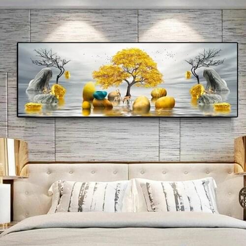 Cuadros Modern Golden Abstract Art Golden Tree and Stone Pictures Painting Wall Art for Living Room Home Decor