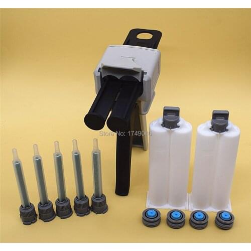 Glue Gun 50ml 1:1 Manual Caulking Gun Glue Adhensive Dispenser with 2pcs 50ml 1:1 Empty Dual-Barrel Cartridge 5pc Mixing Nozzles