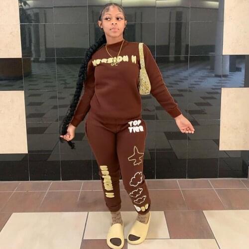 Brown Letter Print Two Piece Sport Suit Women Tracksuit Long Sleeve Workout Sweatshirt and Jogger Pant Loungewear Club Outfits