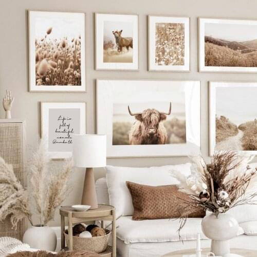 Cow Fox Field Grass Highland Poster Summery Landscape Wall Art Print Canvas Painting Beach Waves Picture Living Room Decoration
