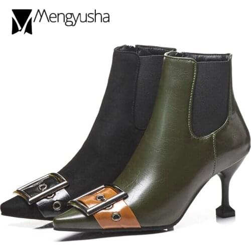 Retro buckle belt leather chelsea boots women shoes custom large size 40-43 high heels fashion booties roman short botas new