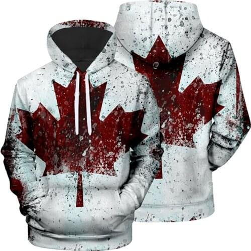Mens Casual Maple Leaf Fashion 3D Digital Printed Top Hooded Pullover Comfortable Hoodie