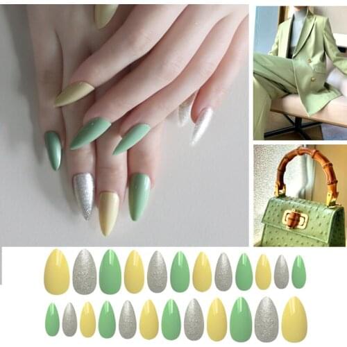24pcs/set Detachable False Nails Artificial Nails Art Tips Set Green Decorated Stiletto Press on Nails Art Fake Extension Long
