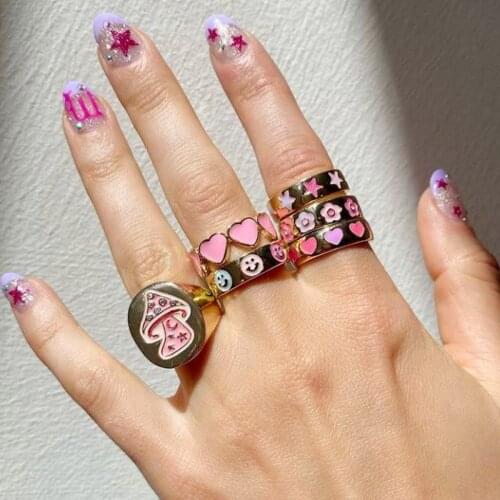 New Colorful Enamel Heart Surrounded Stacking Ring Gold Color Flowers Smile Rings for Women Minimalist Jewelry