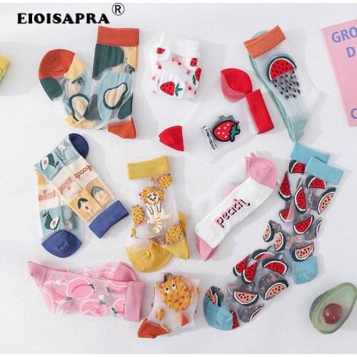 Japanese Korea Style Casual Creative Transparent Crystal Silk Trend Women Socks Cartoon Fruit Ultrathin Glass Silk Socks Meias