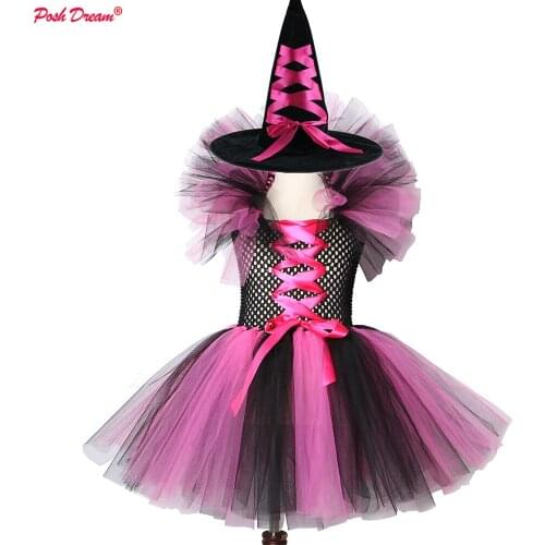 POSH DREAM Hot Pink Black Halloween Children Witch Dresses Adorable Sweet Kids Role Play Birthday Party Tutu Dress for Holiday