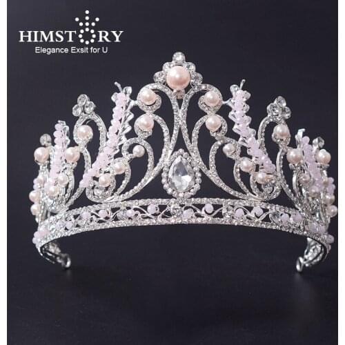 HIMSTORY Oversize Gorgeous Pink White Rhinestone Pearl Princess Crown Headwear Wedding Bride Tiara Headwear Hair Wedding Jewelry