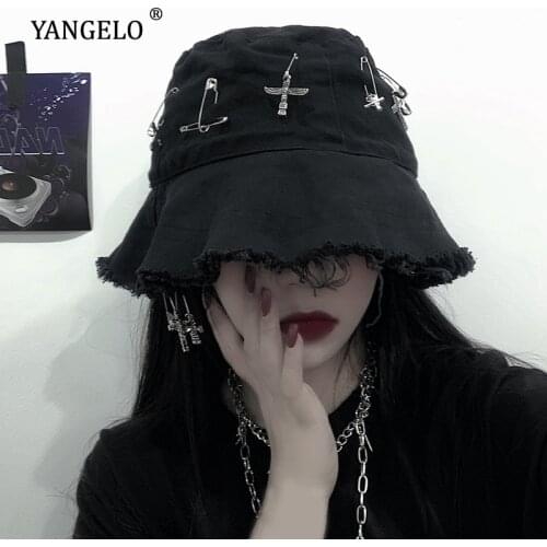 Black Fisherman Hat Women Hip Hop Sunshade Hats for Men and Women Canvas Hats Gothic Bucket Hats Adustable Cross