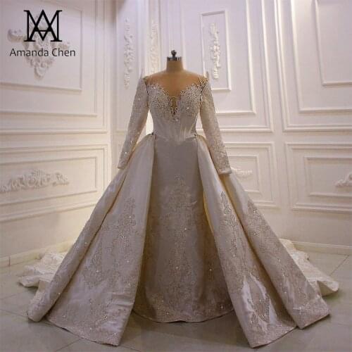 Hochzeitskleid Long Sleeve Lace Applique Beading Detachable Skirt Wedding Dress