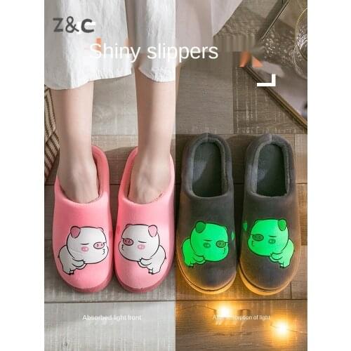 Luminous slippers Winter home use antiskid thick bottom warm fur lovely couple slippers furry slides for women fashion shoes