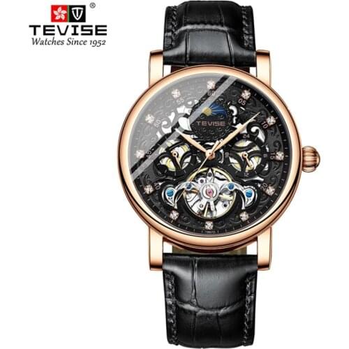 TEVISE Tourbillon Watches Men Top Luxury Brand Automatic Mechanical Watch Waterproof Rose Gold Leather Moon Phase Male Clock