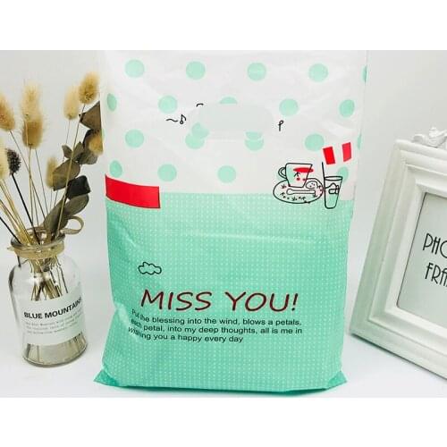Green Dot ''Miss You'' Print 50pcs 25x35cm Wedding Gift Bag Pouch Shop Gift Packaging Plastic Bags With Handle Clothes Packaging