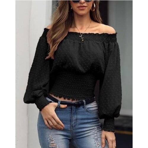 Women Off Shoulder Sexy Ruffled One Word Collar Lace-Up Solid Color Long Sleeve Summer Casual T-Shirt
