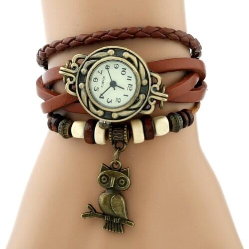 Gnova Platinum Leather Bracelet Women Watch Bronze OWL charm Vintage Ethnic Quartz Fashion Wristwatch A731