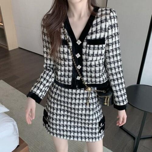 Small Fragrance Korean Fashion Plaid Knit Two Piece Set Women Cropped Sweater Cardigan Jacket + Mini Skirts Sets 2 Piece Suits