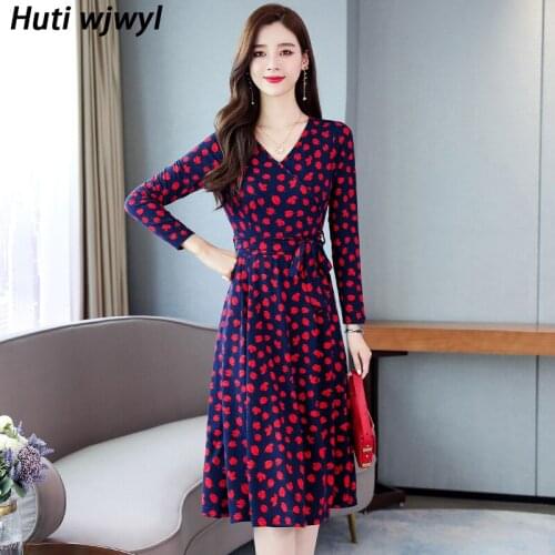 2021 Spring Autumn Plus Size Printed Floral Midi Dress Women Elegant Korean Bodycon Thin French Dress Party Long Sleeve Vestidos