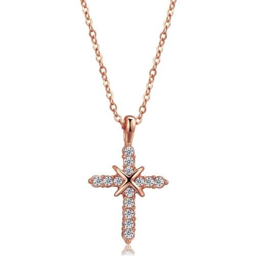 Double Fair Cross Cubic Zirconia Pave Necklaces & Pendants Rose Gold/Silver Color Wedding Jewelry For Men and Women DFN451M