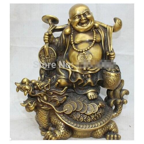 Free shipping 17" Chinese Copper Dragon tortoise Turtle Happy Laugh Maitreya Buddha Statue