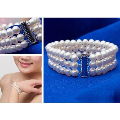Wedding Woman Jewelry 3 Strands Bracelet 6mm Bright White Round Real Natural Freshwater Pearl Bracelet