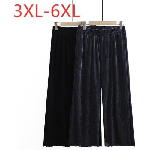 New 2020 autumn winter plus size cropped pants for women large loose casual wide leg elastic black trousers 3XL 4XL 5XL 6XL