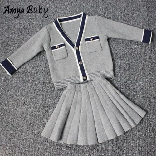 Amya Baby Kids Clothes Girls Outfits V-Neck Knitted Sweater + Skirt 2pcs Girl Clothing Set Toddler Girl Clothes Spring Girls Set