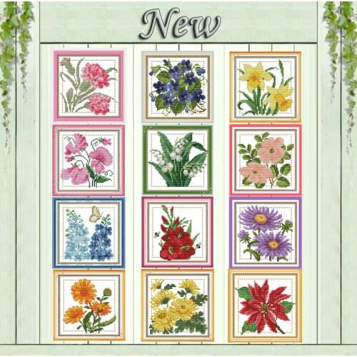 Twelve months colourful flower decor painting counted print on canvas DMC 11CT 14CT Cross Stitch kits embroidery needlework Sets