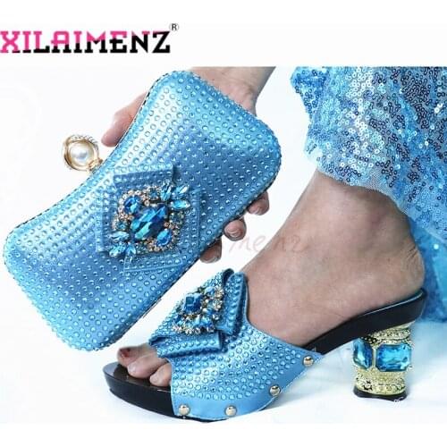 Elegant Style 2020 New Design Italian Women Shoes and Bag Set in Sky Blue Color Nigerian Lady Shoes Matching Bag for Wedding