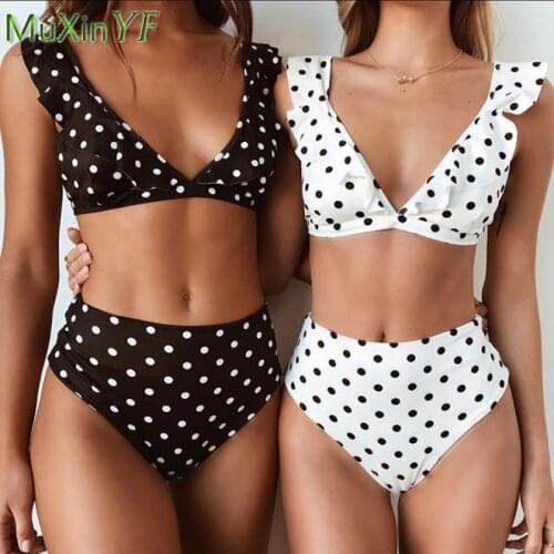 Ruffle Polka Dot Bikini Set Women 2021 Summer New White Sexy V-Neck High Waist Two Pieces Swimwear Lady Beach Bathing Suits