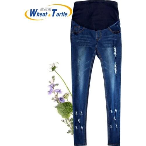 Hot Sale Good Quality Cotton Denim Skinny Maternity Jeans Holes Contrast Stitching Pockets Pencil Jeans For Pregnant Women