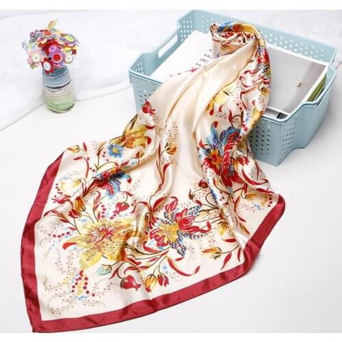 Fashion Floral Print Silk Satin Hijab Scarf For Women Kerchief Hair Scarfs Female 90*90cm Square Shawl Headband Scarves For Lady