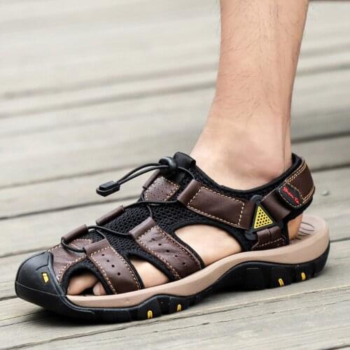 First layer cowhide leather mens sandals outdoor fashion classic summer mens shoes hand-sewn beach sandals mens casual shoes