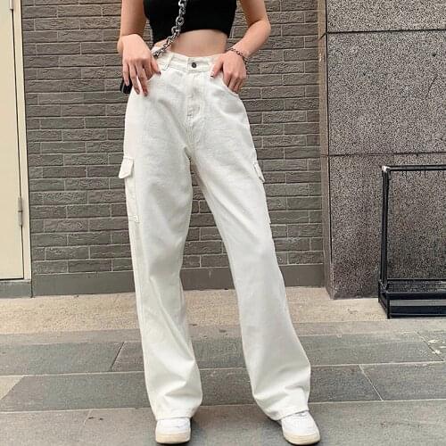 Casual Multi Pocket Denim Cargo Pant Streetwear Wild Loose Straight Jeans Women Trendy Boyfriend Style Solid High Waist Trousers