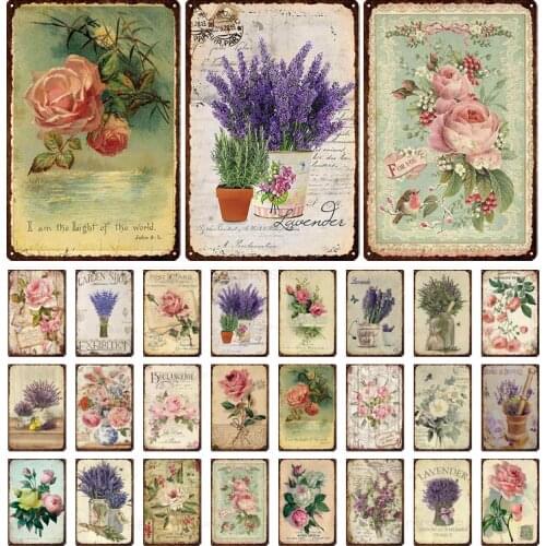 Retro Lavender Rose Flower Shabby Chic Tin Sign Metal Plate Iron Poster Vintage Wall Bar Home Art Retro Farmhouse Garden Decor