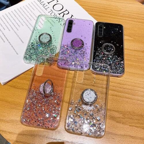 Luxury Ring Cute Bling Glitter Silicone Phone Case For Realme 6 6Pro 5 5Pro XT X 3 X50 C 15 12 11 Ultra-thin Sequins Stand Cover