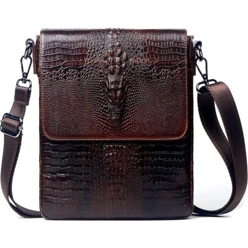 Crocodile pattern genuine cow leather men crossbody bag mens business shoulder bag male briefcase casual handbag messenger bag