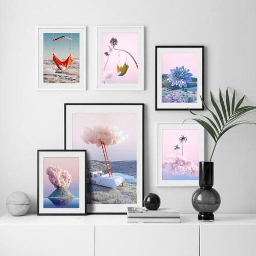 Nordic Wonderland Posters Abstract Wall Decor Pictures Pink Cloud Ladder Flower Tree Wall Art Canvas Painting for Gallery