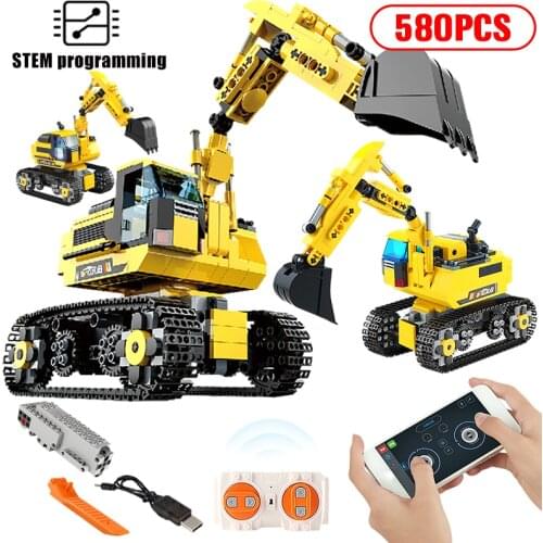 City Technical APP RC Programming Engineering Excavator Building Block Creator Voice Remote Control Trucks Bricks Toys For Kids