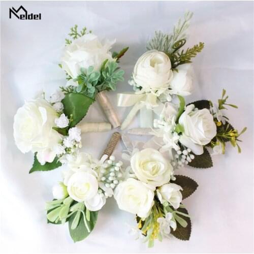Meldel Wedding Boutonniere Flower White Rose Bride Wrist Corsage Bracelet Groom Boutonniere Wedding Witness Marriage Accessories