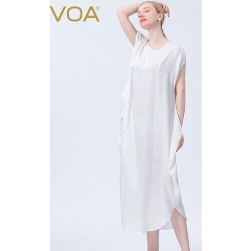 VOA Silk Jacquard Ivory White Round Neck Wide Rotator Cuff and Asymmetric Hem Split Dress AE999 Summer Casual Harujuku Dress