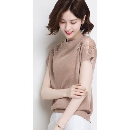 Turtleneck ice silk short-sleeved T-shirt women loose pullover solid color sweater top thin lace